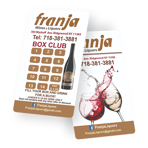 Image of the back and front of the punch cards offered at Franja Wines and Liquors